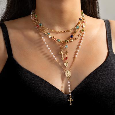 5 Pieces of Cross Jesus Pendant, Love Necklace, Multiple Layered Long Tassel Colored Round Bead Chain, Y-shaped Women's Necklace