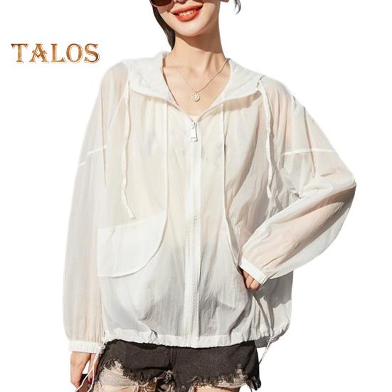 Sonnenschutzkleidung für Damen, mit Kapuze, Kordelzug, langärmelig, Sommermantel mit Taschendekoration, Sonnenschutzkleidung