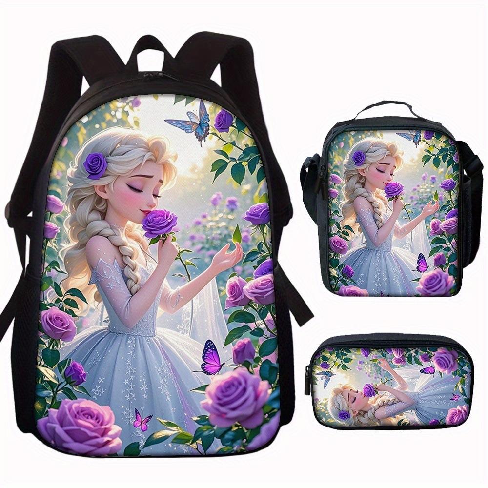 Zaino Scolastico Principessa Set da 3 Pezzi Grande Capacità Impermeabile Borsa a Spalla Astuccio Borsa a Tracolla per Bambini