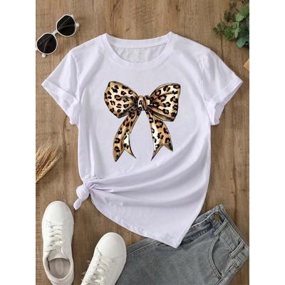 Nouveau d'été Années 90 Imprimé Léopard Nœud Manches Courtes Vêtement Imprimé T-shirt Femme Harajuku Vêtement Graphique Haut Femme Tee