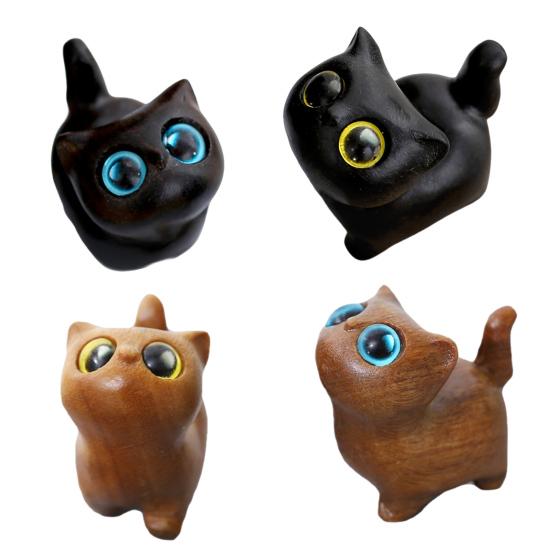 Mini Cat Figurine Hand-carved Wooden Cat Statue Collectible Polished Miniature