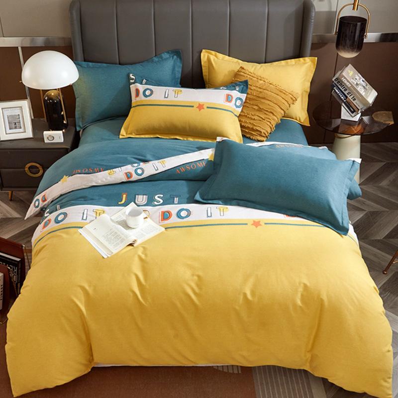 Set din patru piese din bumbac îngroșat și abradat, husă de pilota cu imprimeu, din bumbac pur, de lux, ușoară, cu abraziune, set de cearșaf de pat 4 piese