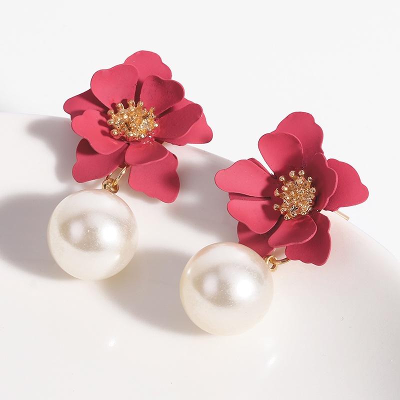 Yutsai Korean Flower Painting Earrings Imitation Pearls Alloy Stud Earrings Elegant Fashion Jewelry OG071