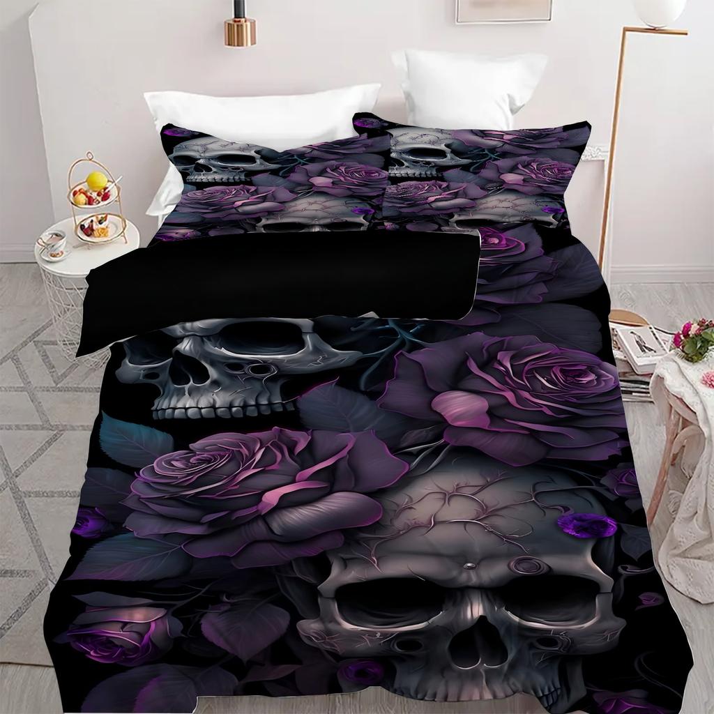 Purple Rose Skull 3D Print Duvet Cover Halloween Theme Bedding Set Soft Comfortable For Teens Adults Quilt Cover Pillowcase