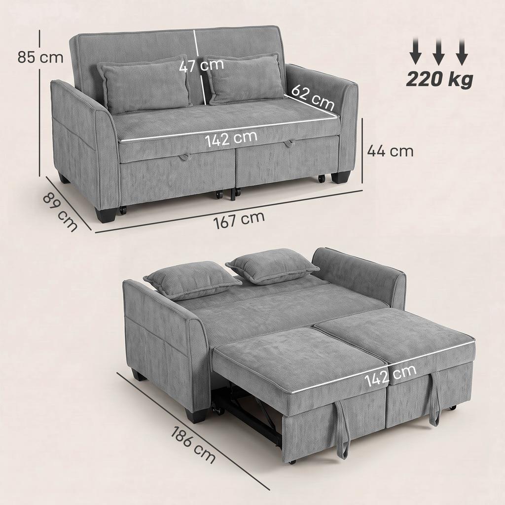 2 Seater Sofa Bed 4 In 1 L Shaped Pull Out Sofa With Adjustable Backrest And Side Pockets Gray