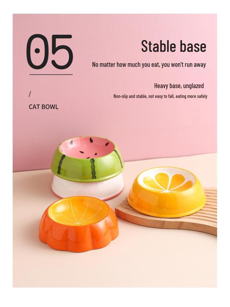 Ceramic High-Leg Cat Bowl, Large-Diameter, Slanted, Anti-Tip, Neck Protection, Cute Japanese Style for Cats and Dogs.