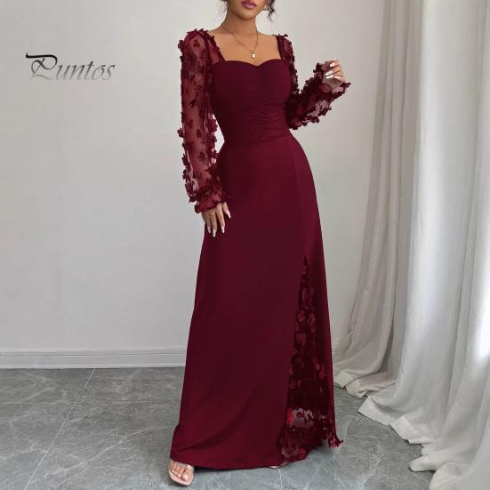 Summer Maxi Dress Flower Lace Sleeve Long for Women, Square Neck Ruffle A-Line Slim Waist Dress, Solid Color Party Soft Women