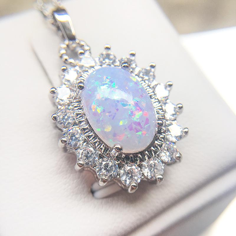 Genuine  Sterling Silver Pendant Luxury Oval Shape Opal Necklace Zirconia Women Chain Necklaces Birthday Gifts for Wife