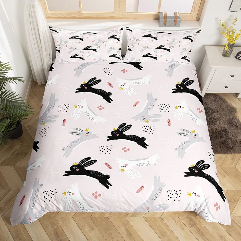 Cute Rabbit Duvet Cover Queen King Size Cartoon Rabbit Bedding Set Kawaii Animal Quilt Cover For Boys Girls Teenagers  3 Pcs