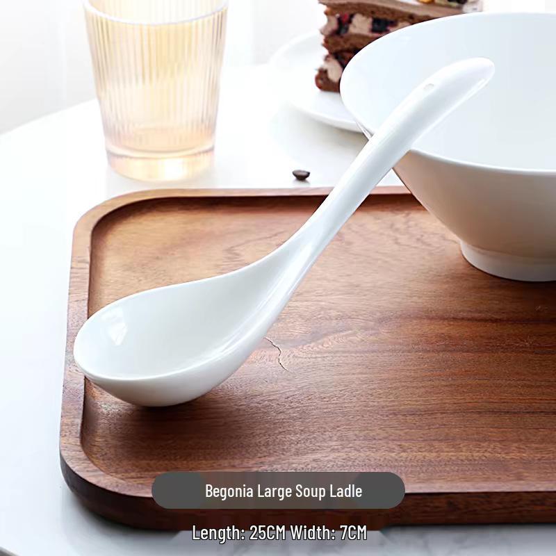 White Ceramic Long-Handle Ladle - Scratch-Resistant, Large Soup Spoon for Commercial and Household Use