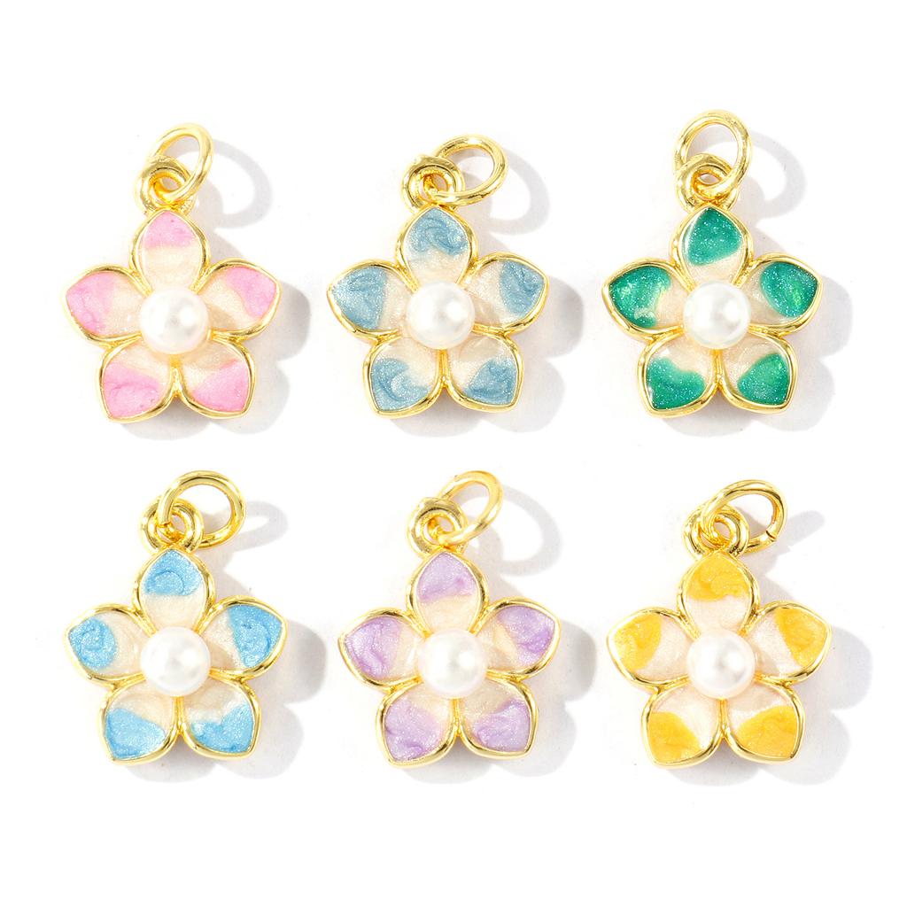 2Pcs Flower Charms Enamel Acrylic Imitation Pearl Brass 18K Gold Plated Pendants For DIY Necklace Jewelry Making 18mmx13mm