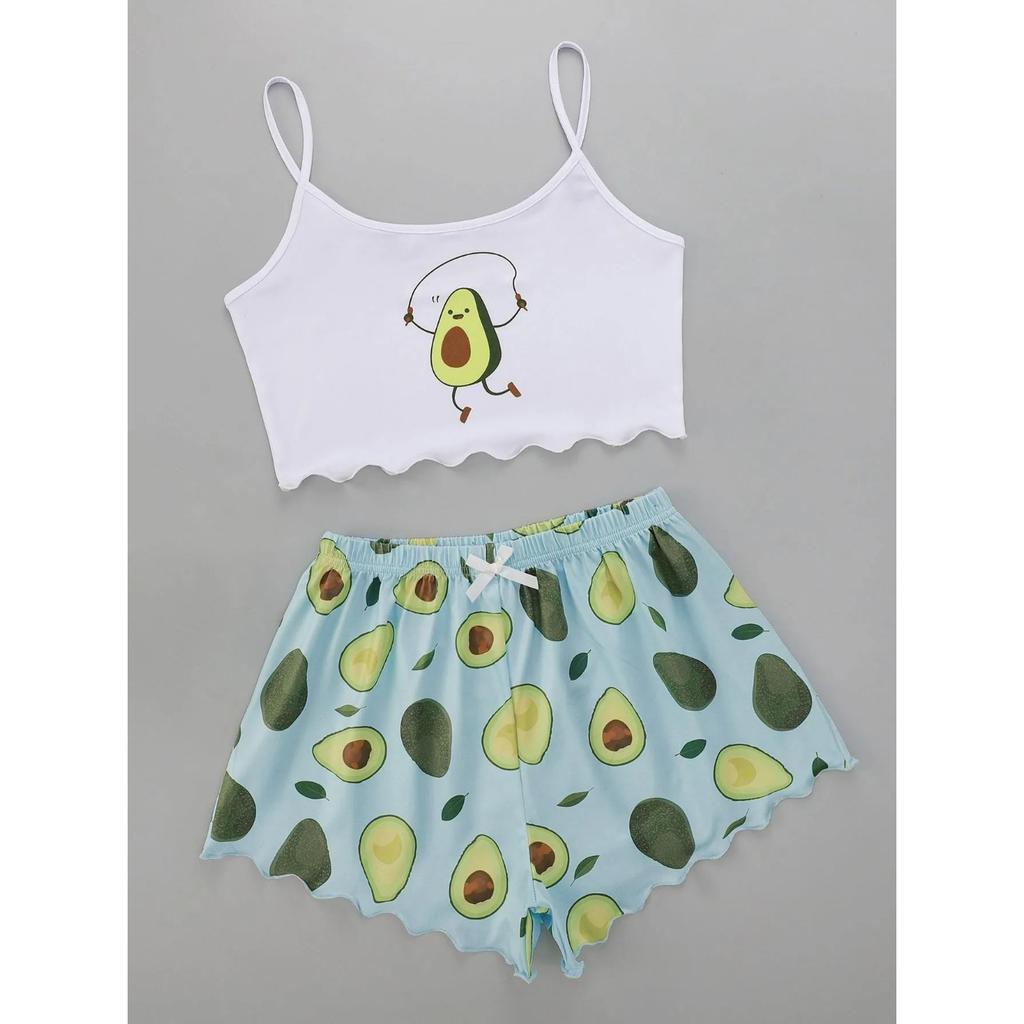 Letní pyžamový set pro ženy Avokádový potisk Tílko se šortkami Ležérní Sexy prádlo Noční košilka Domácí oblečení Spací oděv Spodní prádlo