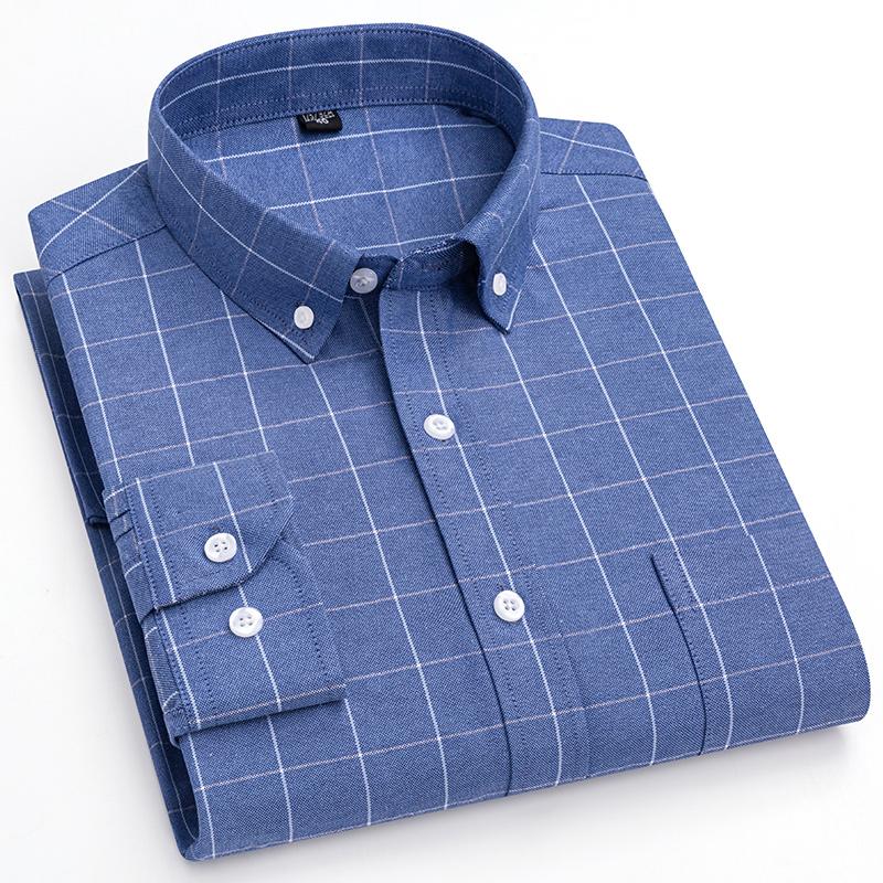 New Pure Cotton Business Men Oxford Shirt Long Sleeve Casual Plaid Striped with Chest Pocket Non-iron Autumn Spring