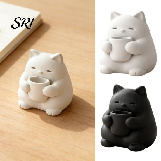 Cat Decor Mini Cute Figurine 3D Printed Drinking Tea Statue Healing Ornament Small Desktop for Living Room Bedroom Office Shelf Black And White