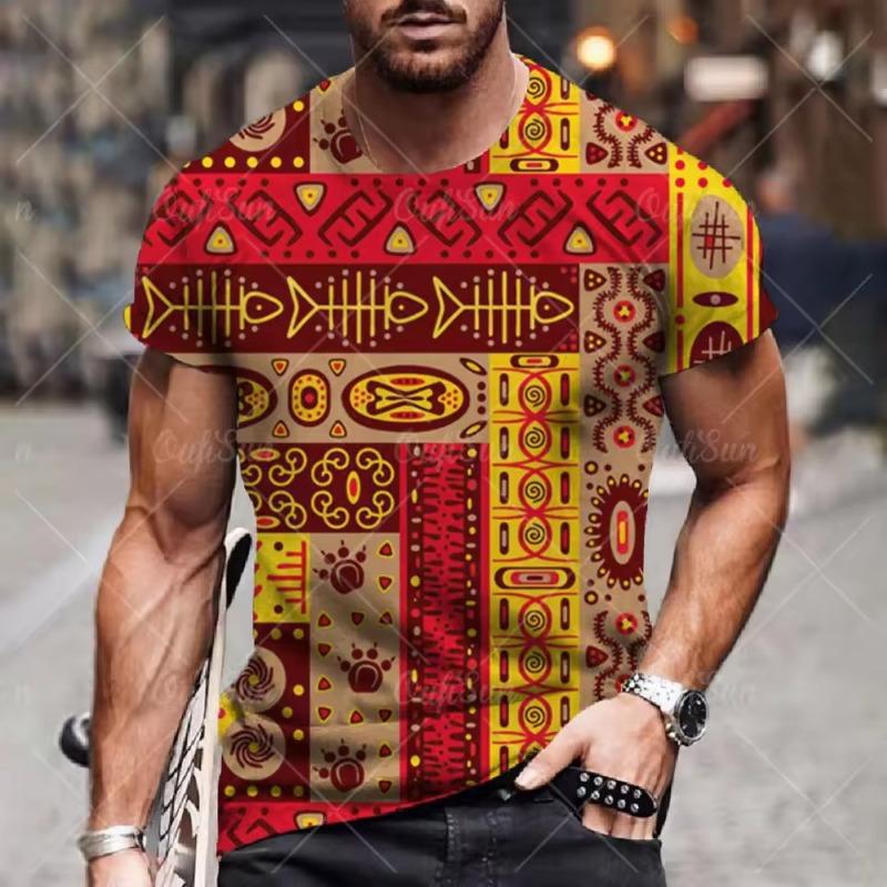 Men's T-shirt Ethnic Print 3D Casual Short Sleeve Summer Round Neck Streetwear Vintage Man Loose Sweatshirt Breathable Men Clothes