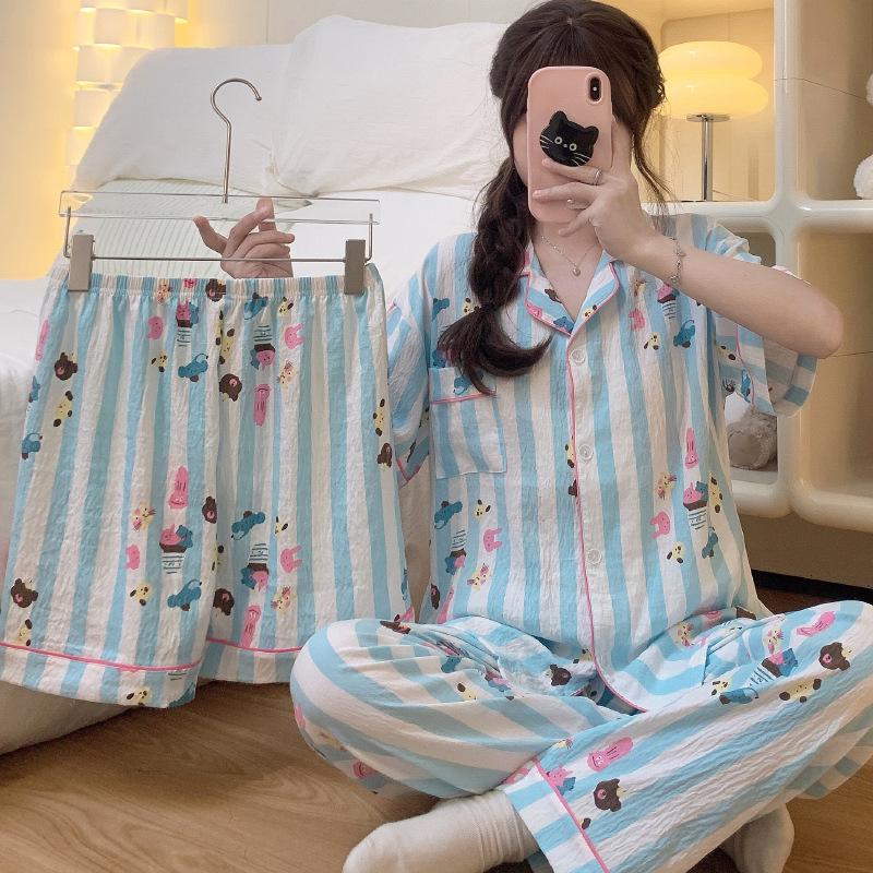 Leopardenmuster Herz Kurzarm-Pyjama-Set: Damen Sommer Wolkenbaumwolle Dreiteiliger Loungewear