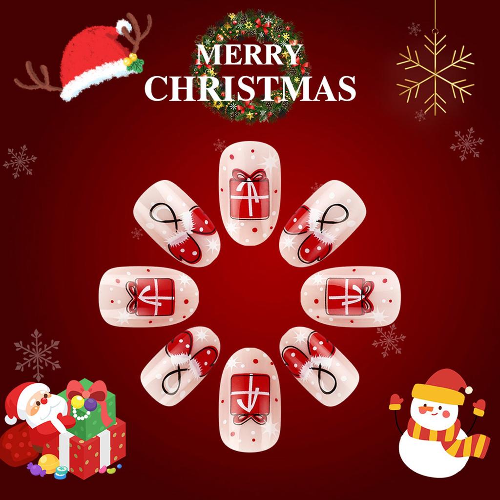 24Pcs Christmas Press On Nails Short Almond French Tips Stick On Nails Gloves Designs Full Cover Acrylic False Nails
