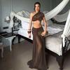 Damen One-Shoulder Netz-Crop-Top und High-Waist-Maxi-Rock Set Elegantes Abendkleid Zweiteiler