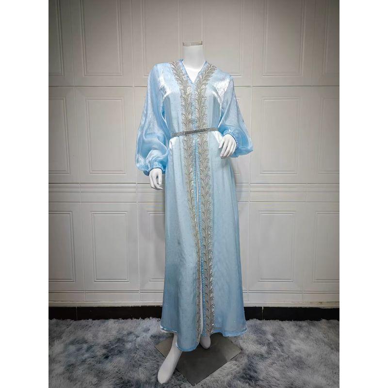 

Middle East Ethnic Style Hot Drilling V-neck Dress + Inner Skirt Set Diamond Studded Dress Set Sky Blue M