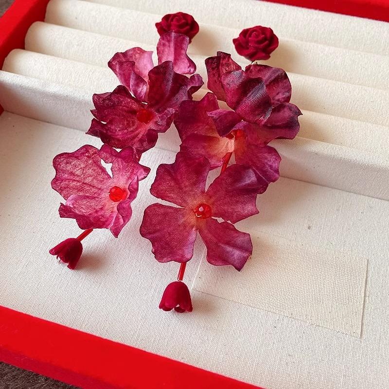 Fashion Zircon Vintage Temperament Red Flower Dangle Earrings For Women Female Gifts Sweet Design Ear Accessories Hot Selling