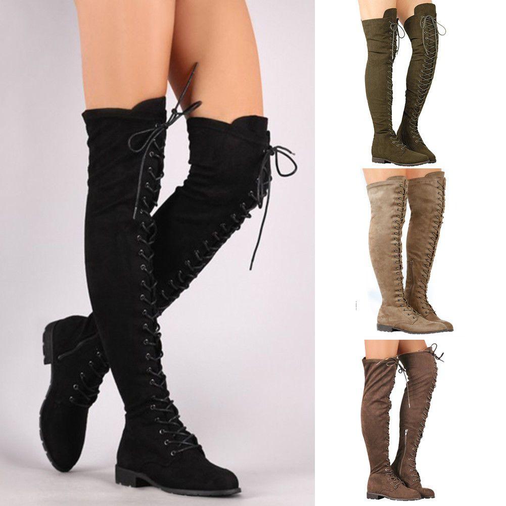 Luxurious Womens Lace Up Low Heel Thigh High Over The Knee Stretch Riding Boots Shoes