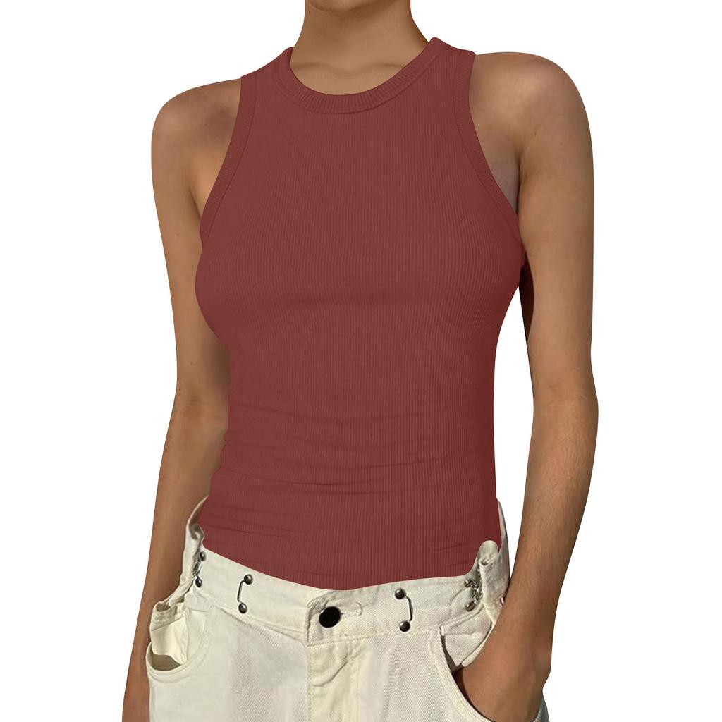 Women's Summer Fashion Casual Color Round Neck Sleeveless Top Tight Tank Top