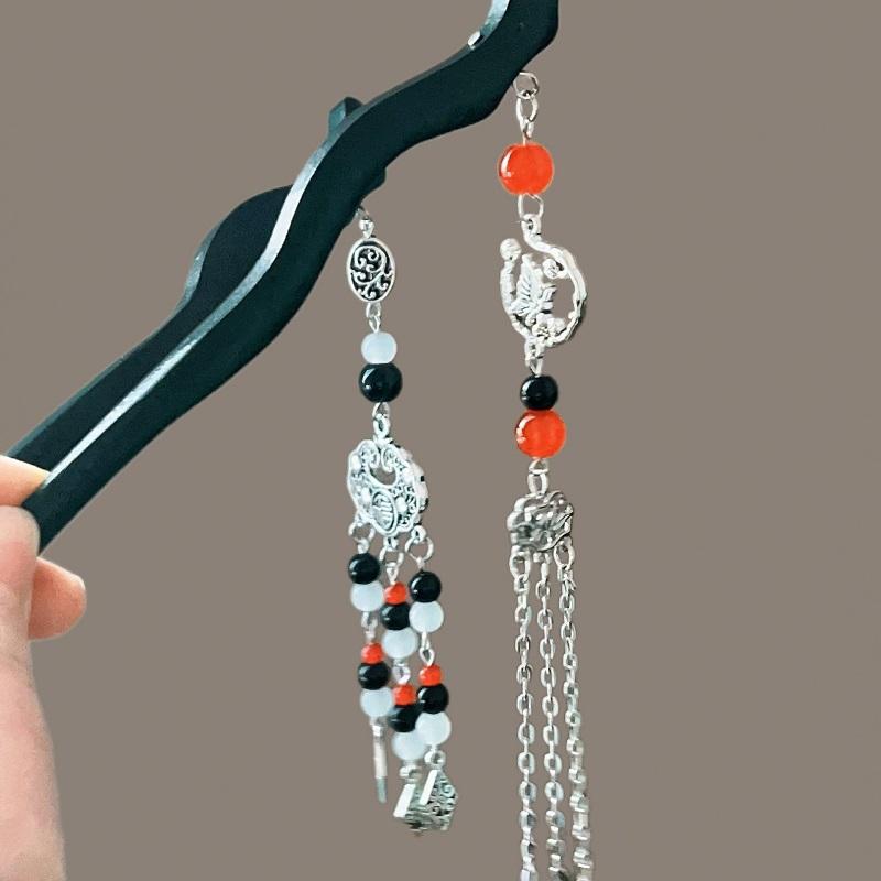 Vintage Chinese Style Wooden Tassel Hair Sticks For Women Girls Elegant Moon Hair Clip Hanfu Headwear Jewelry Hair Accessories