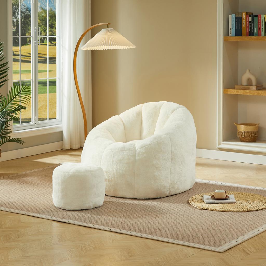 Soft Flower-Shaped Bean Bag Chair for Adults with Footstool, Vacuum-Packed Without Assembly, Ideal for Living Room, Bedroom & Balcony, Cream White
