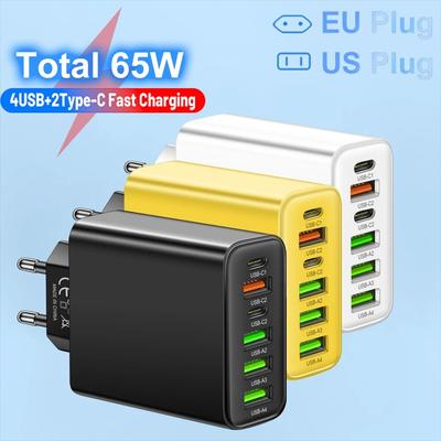 Celkem 65W 6 v 1 4 USB a 2 USB typu C rychlé nabíjení rychlonabíječka pro iPhone, Samsung, Xiaomi, Oppo, adaptér pro mobilní telefony