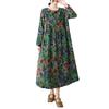 New Spring and Summer Retro Cotton and Linen Round-neck Floral Pocket Long-sleeved Dress for Women, Loose and Slimming A-line Dress