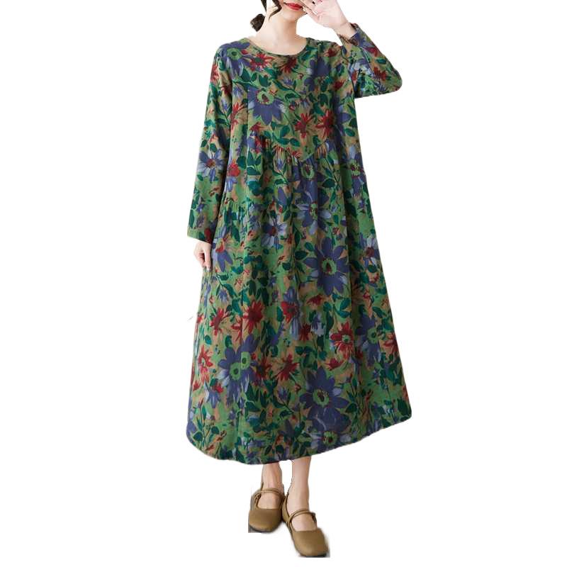 New Spring and Summer Retro Cotton and Linen Round-neck Floral Pocket Long-sleeved Dress for Women, Loose and Slimming A-line Dress