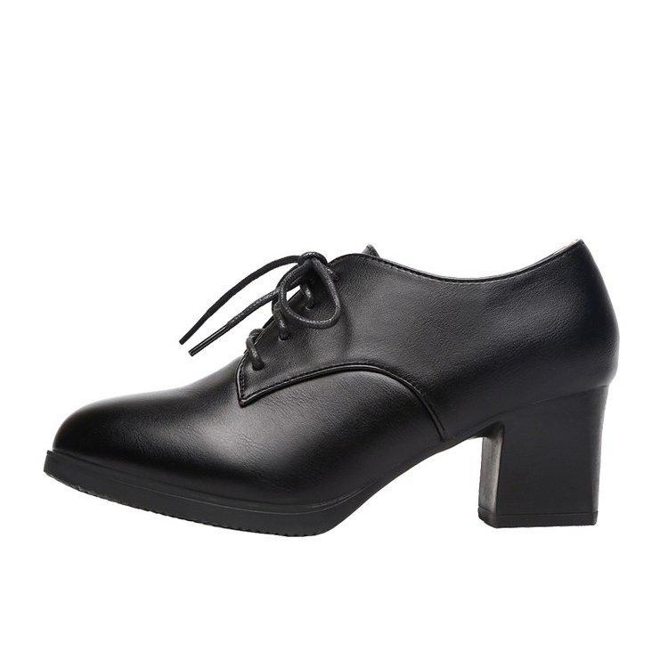 Round head high heels single shoes autumn new temperament lace-up deep mouth waterproof table