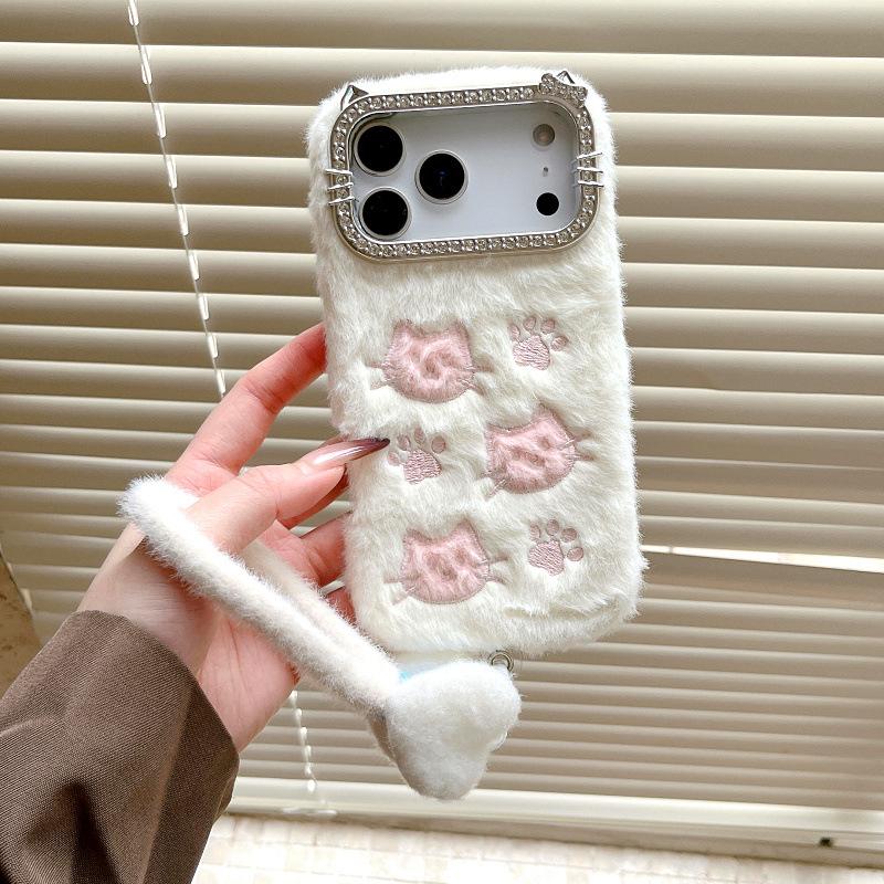 Cat head cat claw plush lanyard for iPhone17Pro max mobile phone case Apple 16 drill edge 15/14 cute