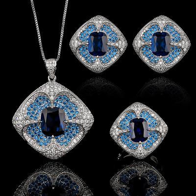 Conjunto de Joyería, Pendientes, Anillo Collar, Diseño Cuadrado de Espinela Azul, Tesoro de Color de Lujo Ligero de Alta Gama para Mujer.