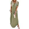 Women's Fashion Casual Loose Short Sleeve Round Tie Pocket Solid Color Maxi Dress