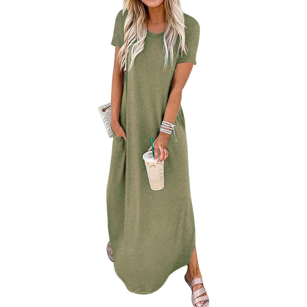 Women's Fashion Casual Loose Short Sleeve Round Tie Pocket Solid Color Maxi Dress