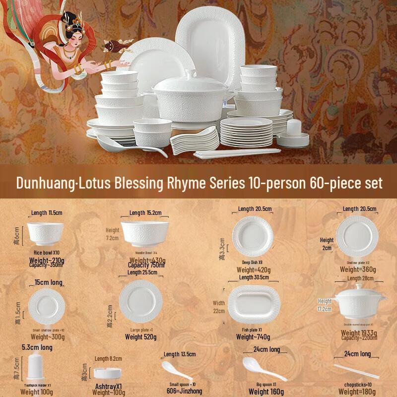 Jingdezhen Ceramic Dinnerware Gift Set - Lotus Rhyme Dunhuang 10-Person, 60-Piece Set with Soup Pot