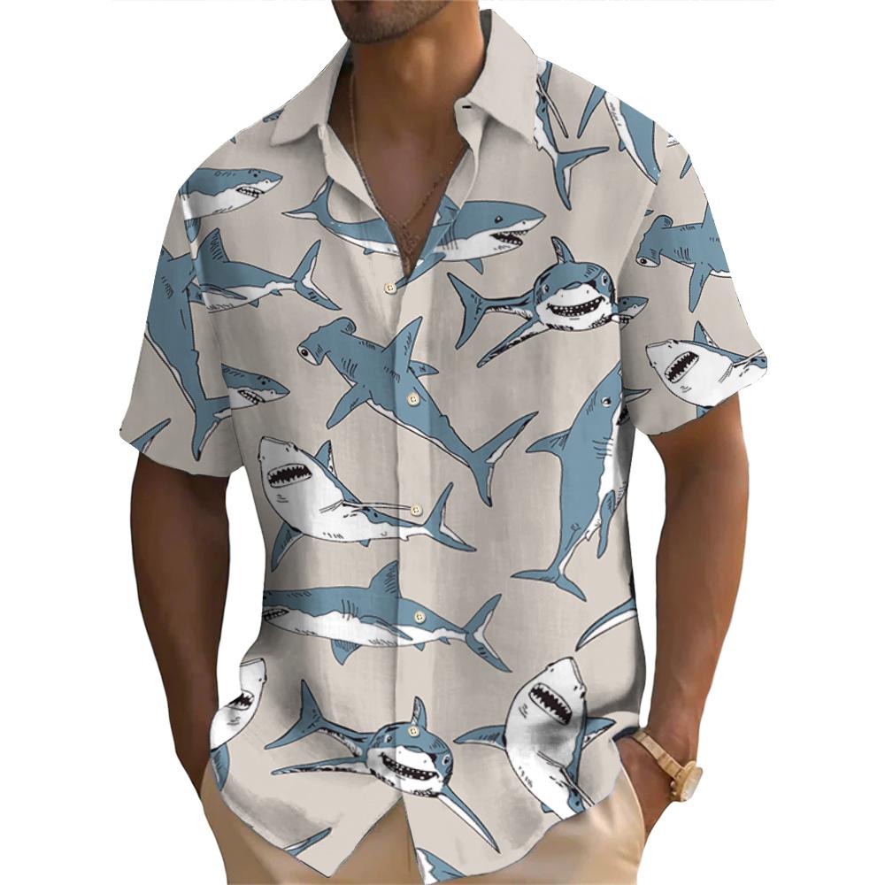 Hawaiian Shirt For Men Shark Pattern Short Sleeved Shirts Casual Men's Streetwear Summer New Loose Tops Oversized Original Shirt