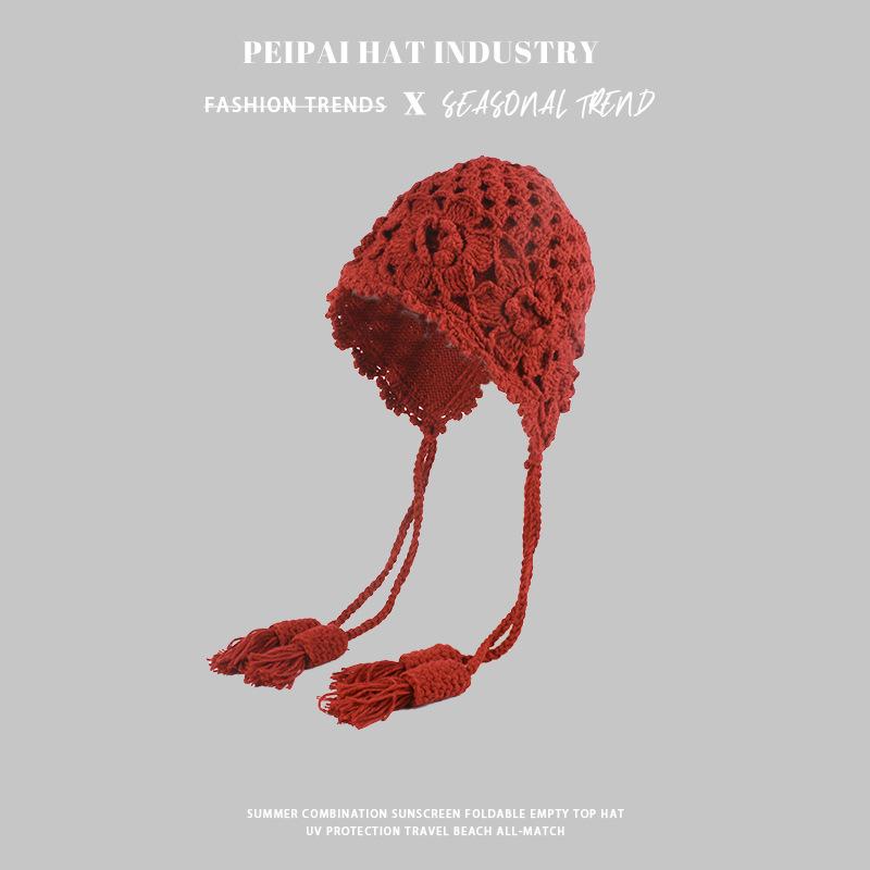 Knitted hat Korean fringed hand-crocheted pullover hat Hollow literary lady pullover hat M（56-58cm）