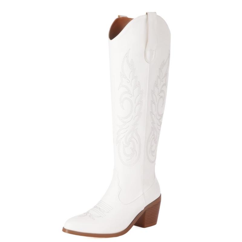 Western Women's Knee High Boots 2025 New Trends Wedge Heel Embroider Winter Shoes Ladies White Red Pink Cowboy Cowgirls Boot