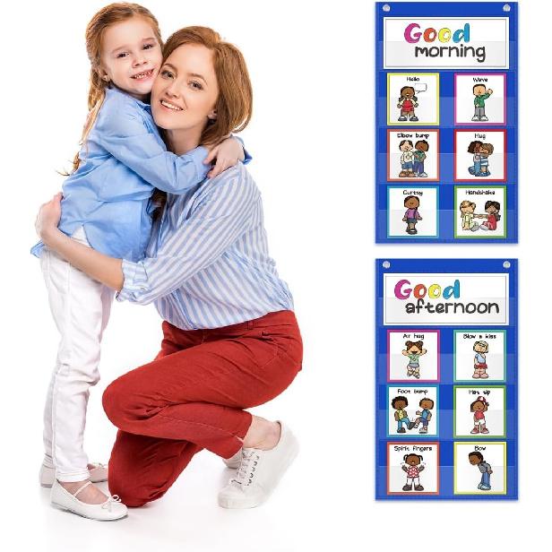 Auchq Morning Meeting Greetings Classroom Chart, Preschool Kindergarten Elementary Teacher Supplies for Classroom Must Haves, Social Greetings for