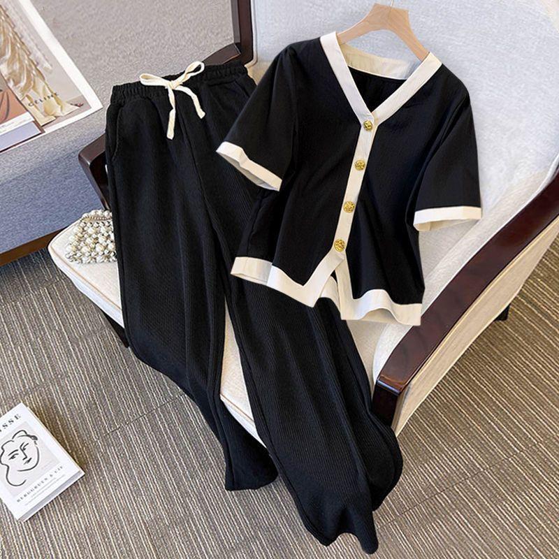Women Suits Sets Large Size Short Sleeve Shirt Pants Slim Soft Cardigan Loose Trousers Longs Pants Top Two-piece Oversize 2PC Suit