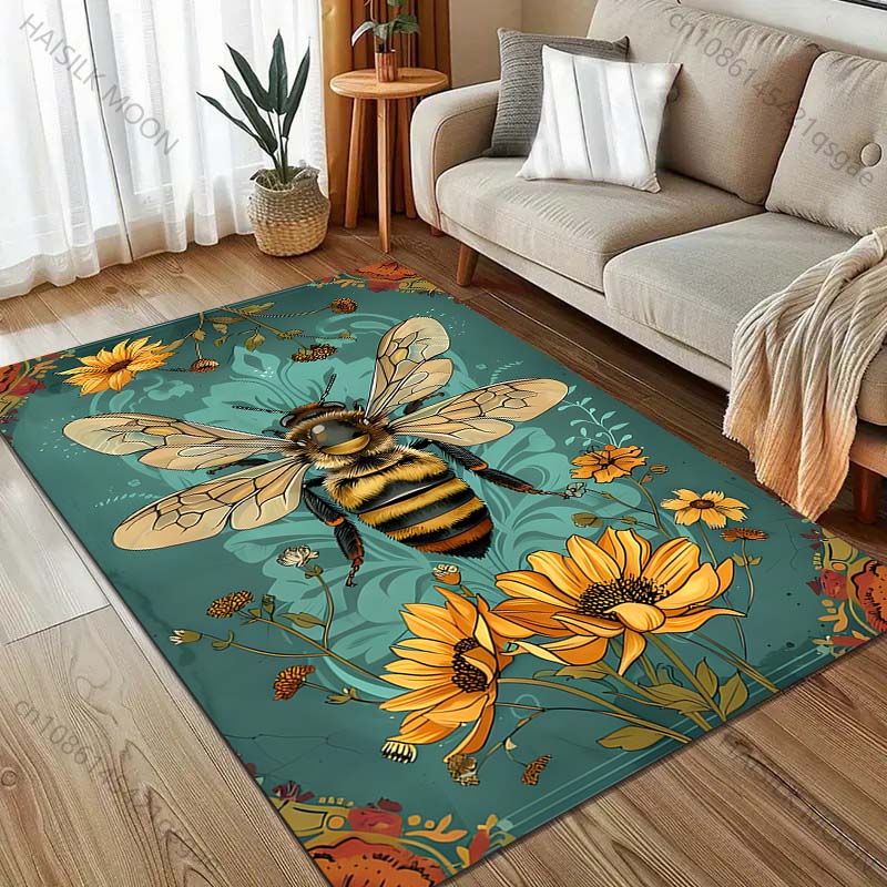 Vintage Bee Sunflower Print Carpet for Living Room Bedroom Bedside Sofa Table Floor Mat Music Room Area Rug Home Decor Gifts