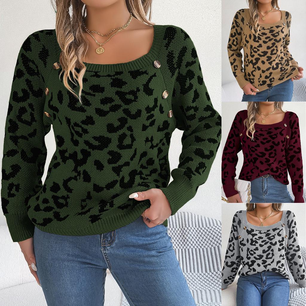Damen Strickpullover U-Ausschnitt Knopf Langarm Pullover Leopard Print Knopf Strickwaren Oberteile