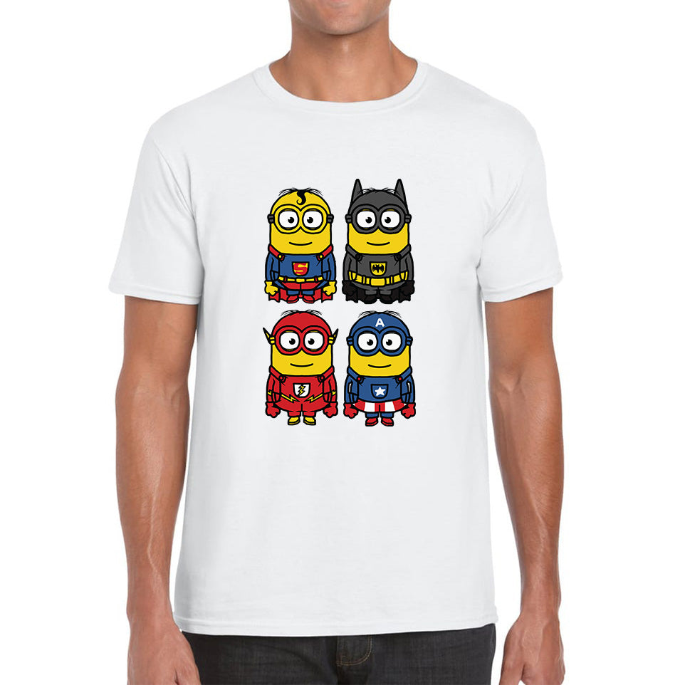 

The 4 Minions Heros Super Minions Captain America Batman Superman Riddler The Flash Dc Minions Parody Pop Art Mens Tee Top 2XL