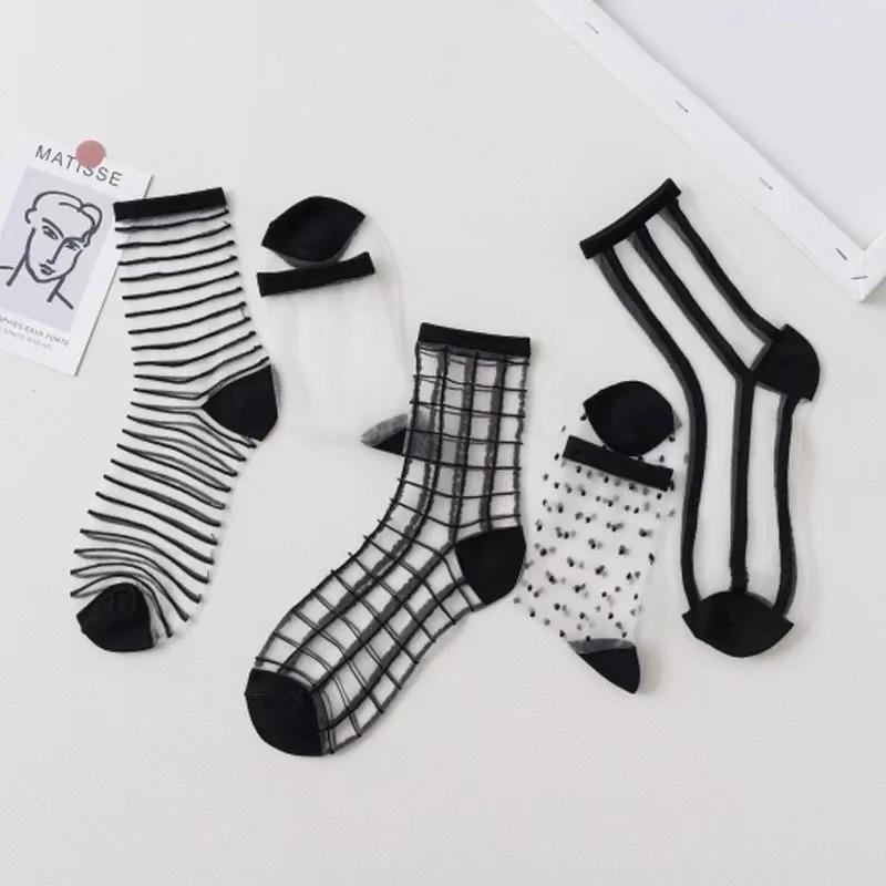 Womens Lace Transparent Socks Black White Fishnet Socks Summer Fashion Elasticity Ankle Thin Women Socks Sheer Hosiery
