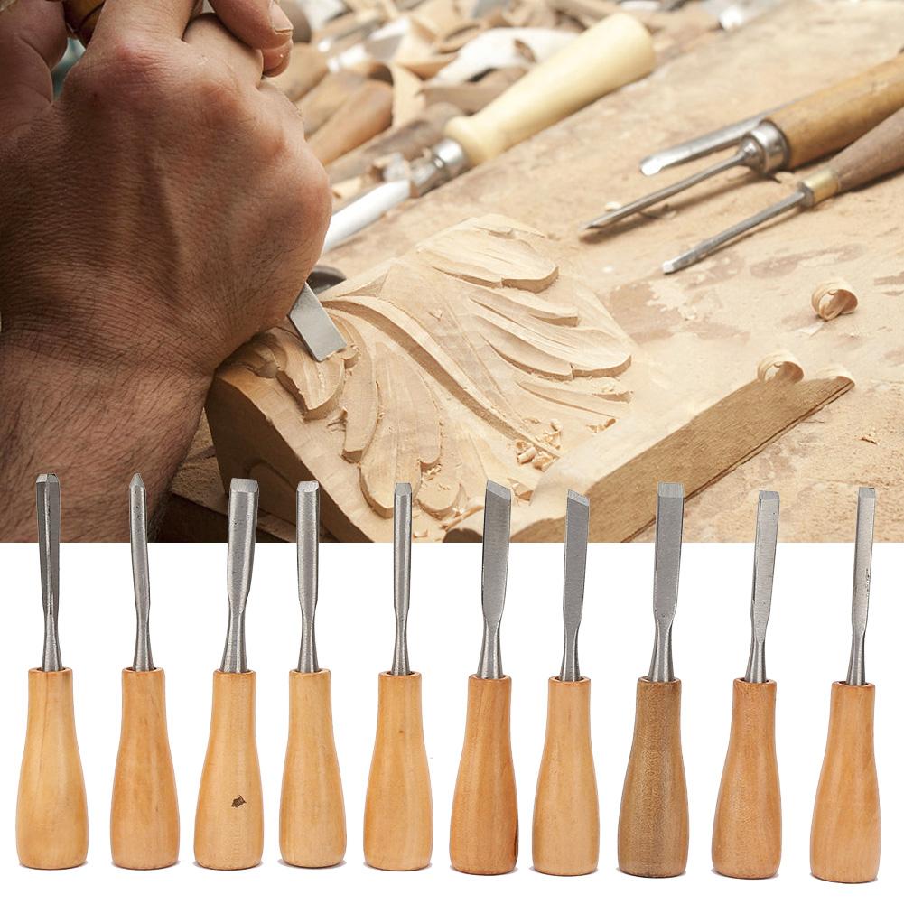 10Pcs High Hardness Wood Handle Carving Knife Chisel Kit Set Woodworking Hand Tool