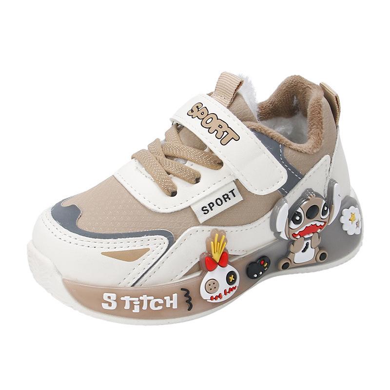 Kids Warm Fleece Sports Shoes, Soft Sole, Cute Cartoon Design, Toddler Walking Shoes, Comfortable & Casual. Long 16cm