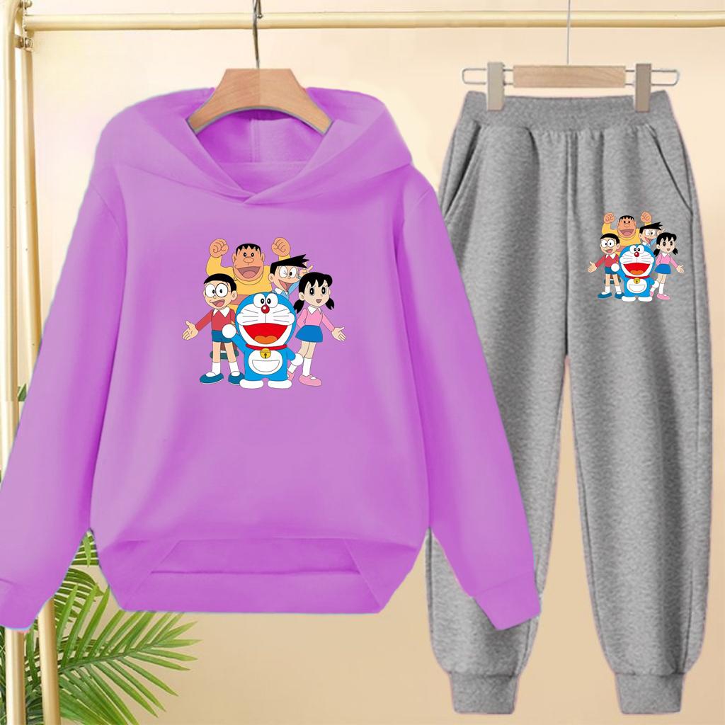 Doraemon Winter Warm Children's Hoodie Set, Casual Sporty Hooded Long Shirt and Long Pants Suitable for Boys Girls Aged 3 To 12