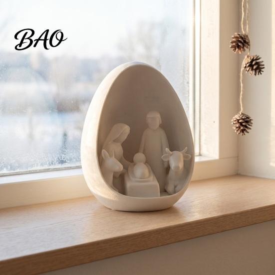 Minimalistická vánoční dekorace Mini betlémová figurka, Vánoce se Svatou rodinou ve vejci, Malé sváteční pokojové doplňky 3D tištěná stolní ozdoba pro